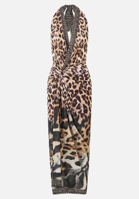 Mesh Halterneck Ruched Midi Dress